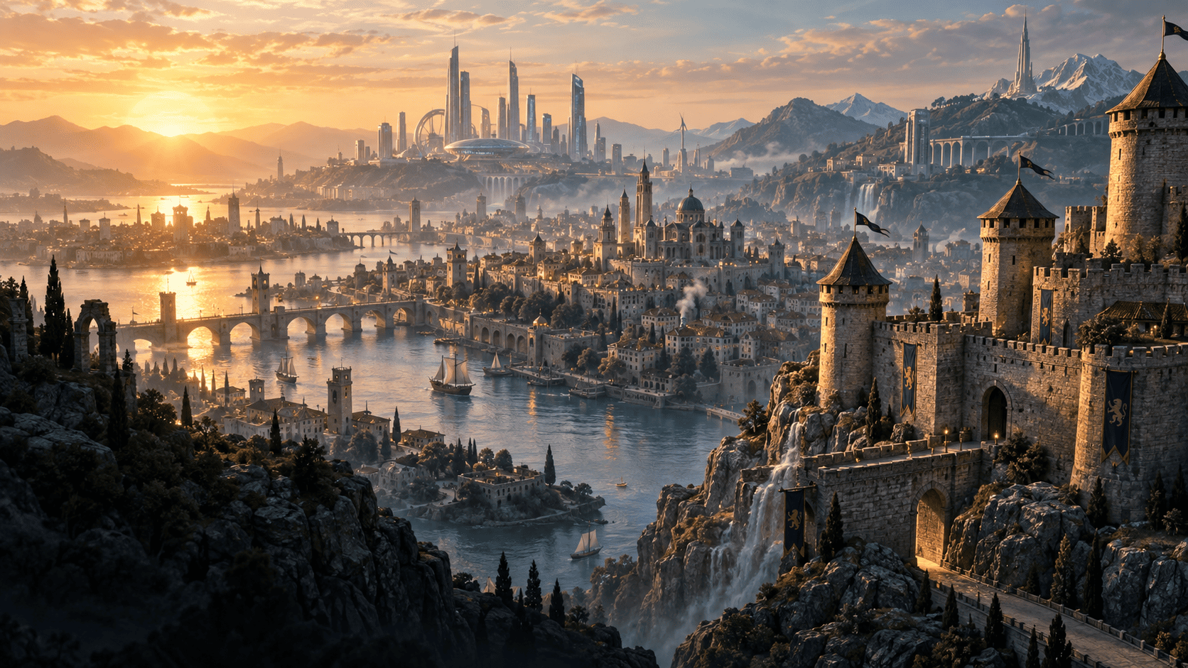 Illustrazione editoriale di una città costruita attraverso le epoche