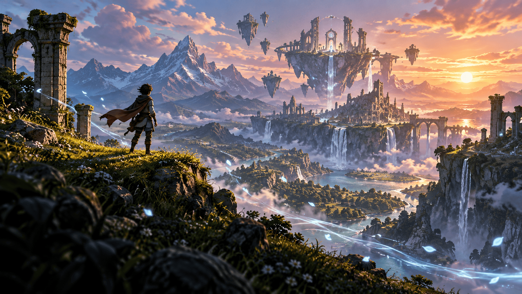 Illustrazione editoriale di un mondo fantasy aperto