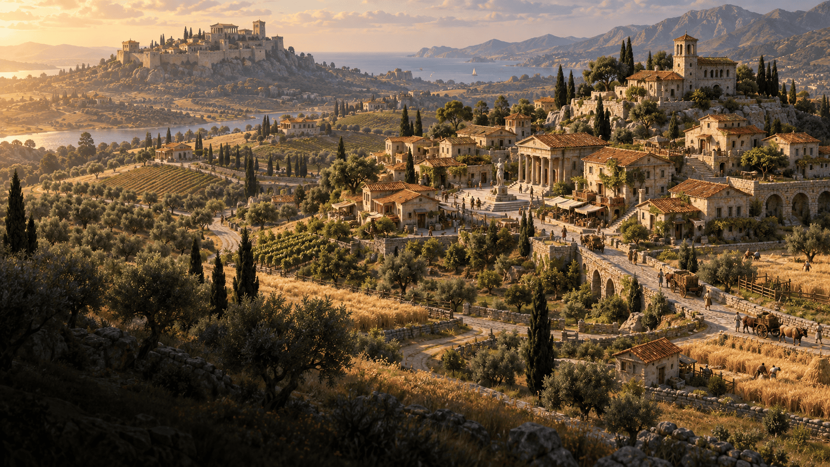 Illustrazione editoriale di un villaggio strategico antico